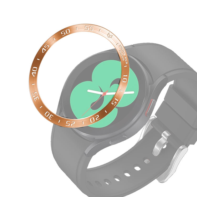 Smart watch steel bezel ring with rose-gold outer numbers on a dark smartwatch case.