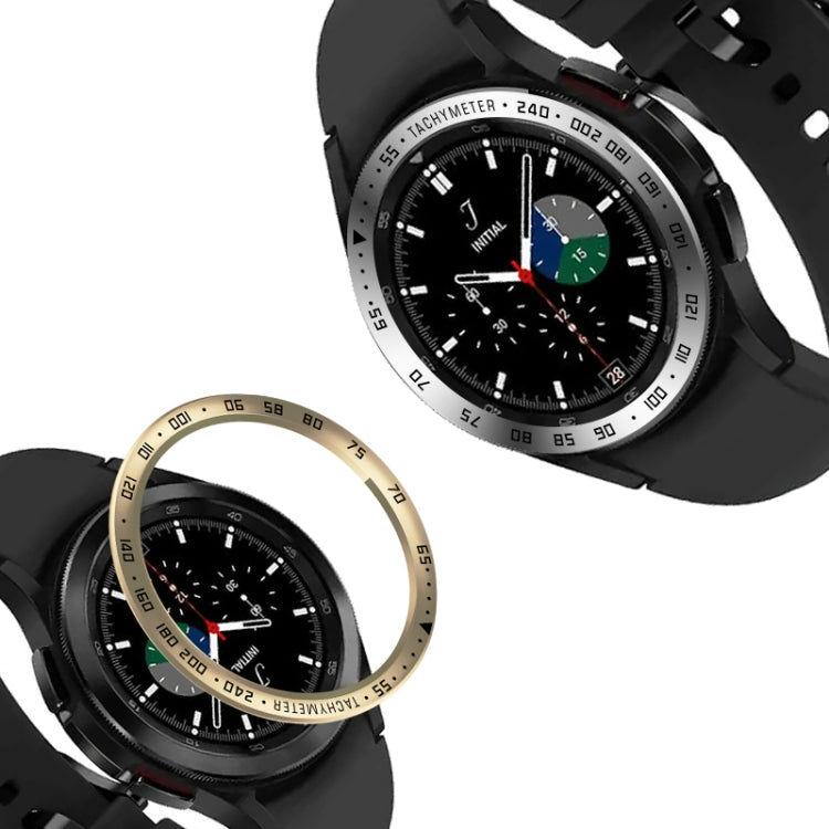 Smartwatch bezel ring attachment with black bezel and tan edge on dark chronograph dial