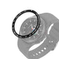 Smartwatch bezel ring with black tone and white minute scale, on gray sport strap