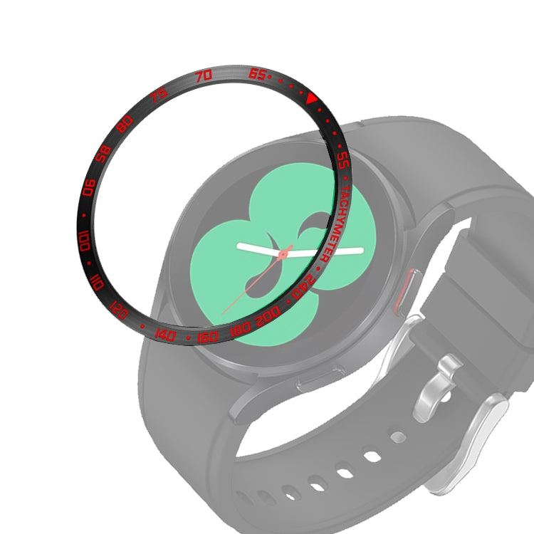 Smartwatch bezel ring with red accents and black minute markings, on gray sport strap