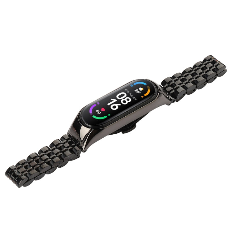 Black seven-bead stainless steel watchband with smartwatch fitted