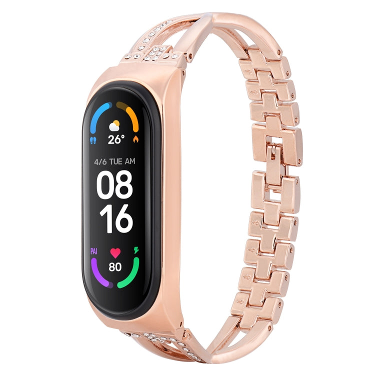 Rose gold diamond alloy watch strap with X-shaped link design for fitness tracker