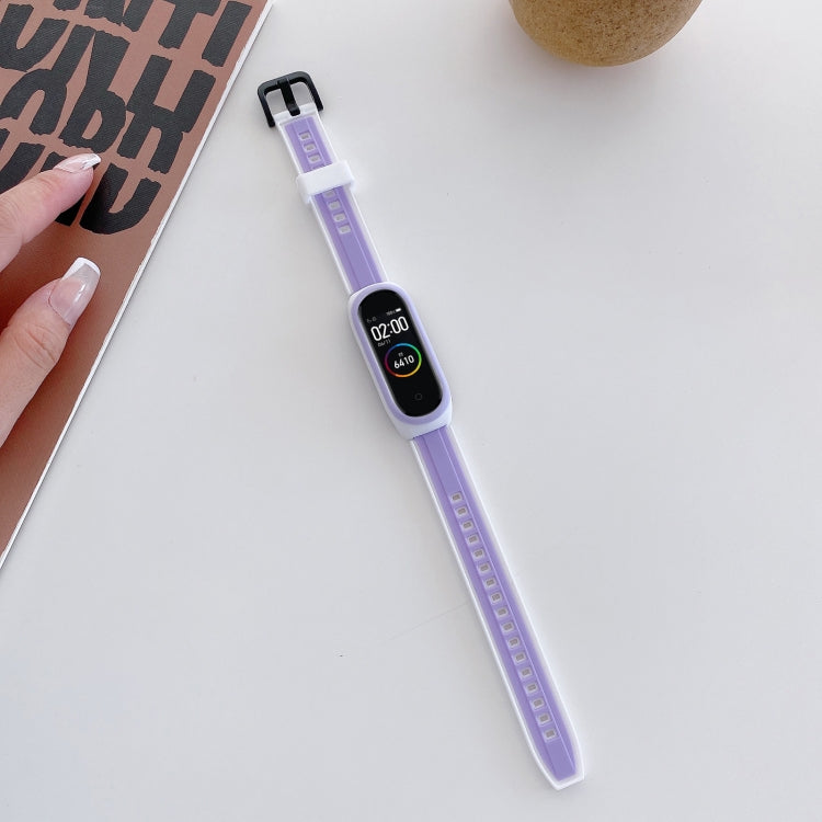 Purple and white silicone smartwatch wristband with light accents and adjustable holes