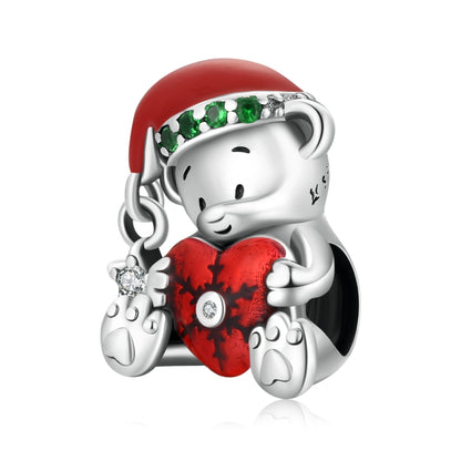 925 sterling silver bear charm with red enamel heart and green crystal band