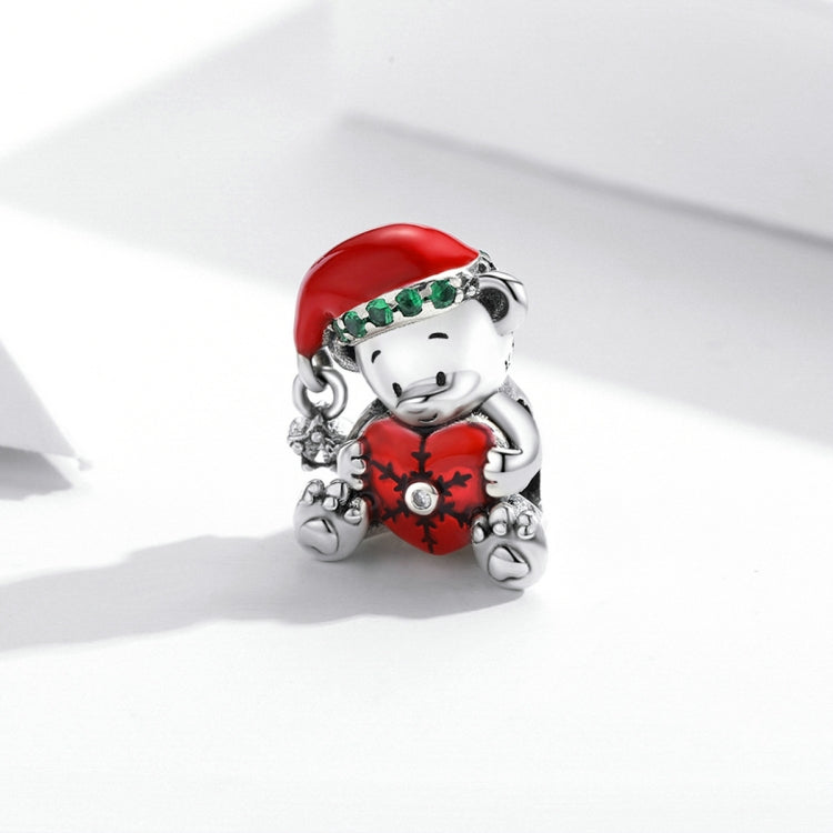 Sterling silver bear bead charm with red enamel heart and green crystal trim