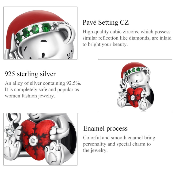 Sterling silver Christmas bear bead charm with red enamel heart and green stones