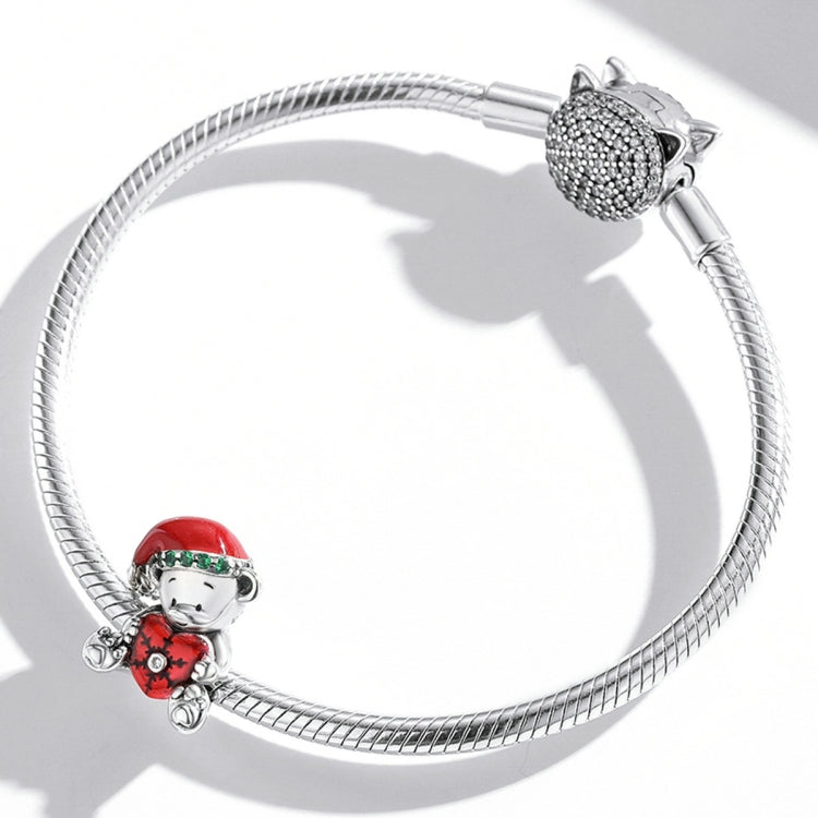 Sterling silver bracelet with bear charm bead and red enamel heart
