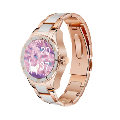 Rose gold touch screen smart bracelet with purple circular display showing 20 and 37.