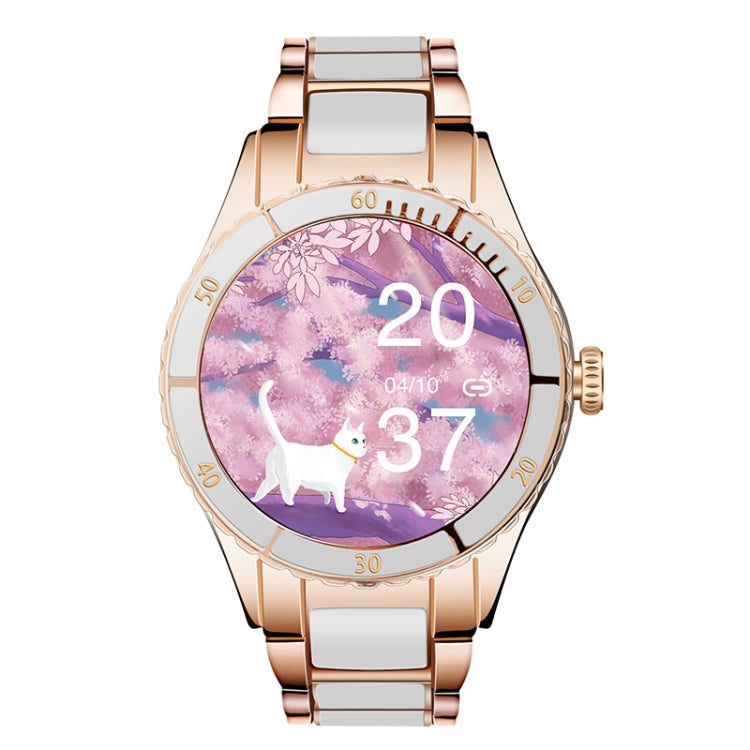 Gold touch screen smart bracelet with purple screen showing 04/10 and values 20, 37.
