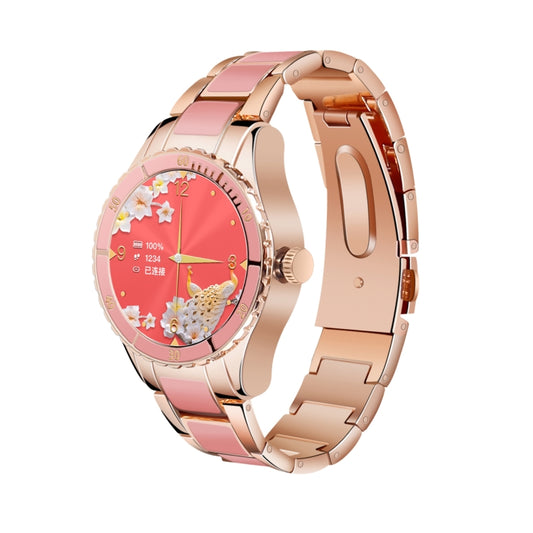 Pink touch screen smart bracelet with rose dial showing date, heart, and flower icons.