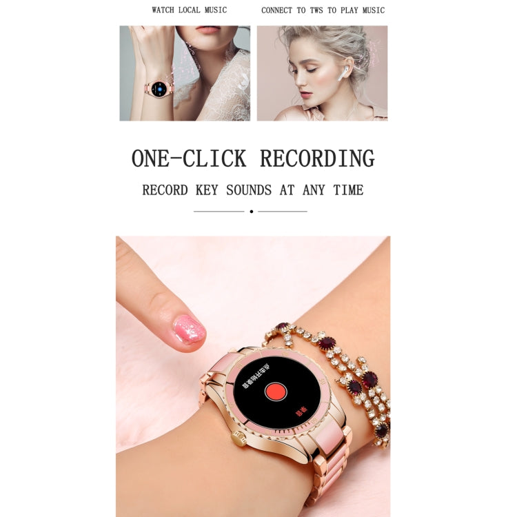 Smart bracelet on wrist with black recording screen and red record button.