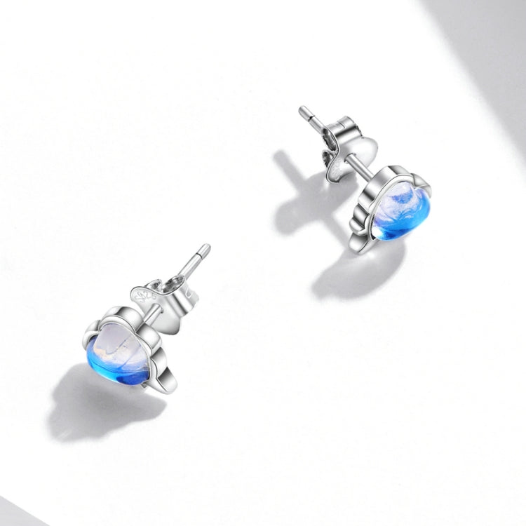 Sterling silver heart moonstone stud earrings with blue gem center