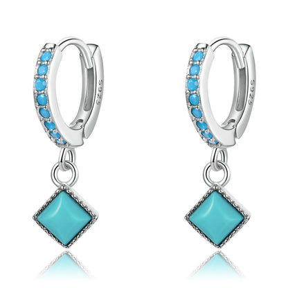 Sterling silver hoop earrings with turquoise square drops and blue stone row accents