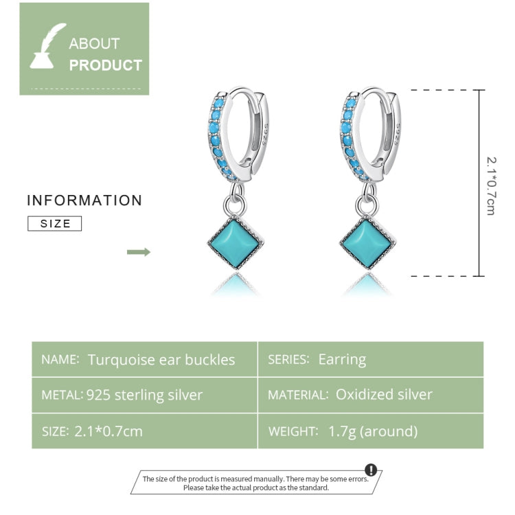 Turquoise ear buckle hoop earrings, sterling silver with blue stone band and drop charm
