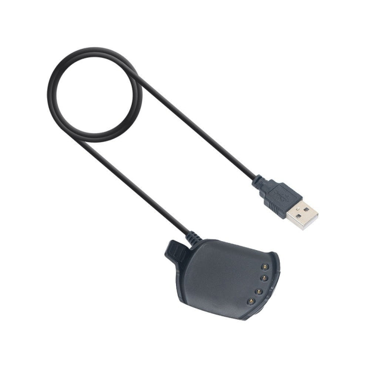 Smart watch charging cable with loop, USB plug, and dark charging cradle