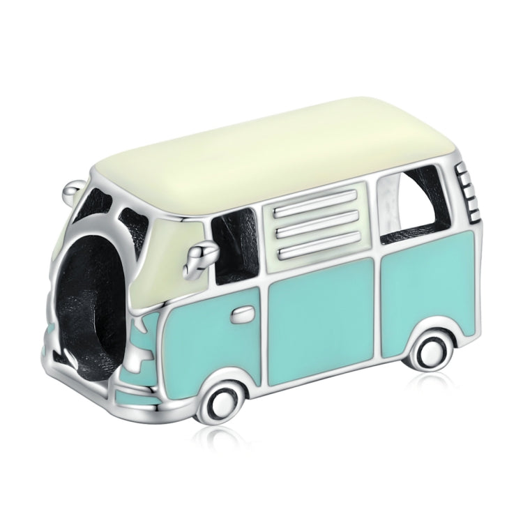 Mini bus charm bead in oxidized sterling silver with mint and yellow enamel details
