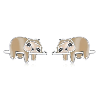 Sterling silver sloth stud earrings with enamel face design, butterfly-back style