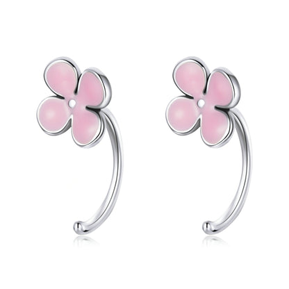Sterling silver pink enamel flower hoop earrings, three-petal bloom with small center dot
