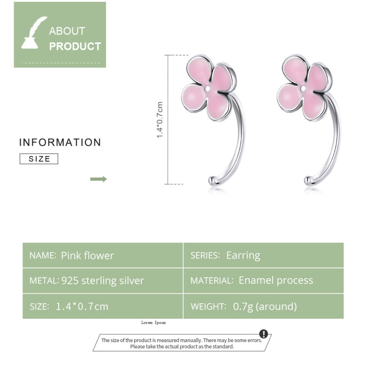 Sterling silver pink enamel flower hoop earrings, pair with curved band and three-petal blooms