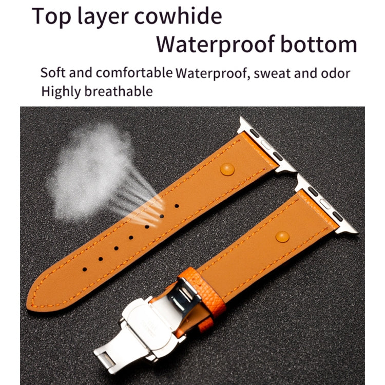Butterfly Clasp Business Top Layer Cowhide Leather Strap Watchband, For Apple Watch Series 8&7 41mm / SE 2&6&SE&5&4 40mm / 3&2&1 38mm, For Apple Watch Series 6&SE&5&4 44mm / 3&2&1 42mm, For Apple Watch Series 6&SE& 5&4 40mm / 3 & 2 & 1 38mm