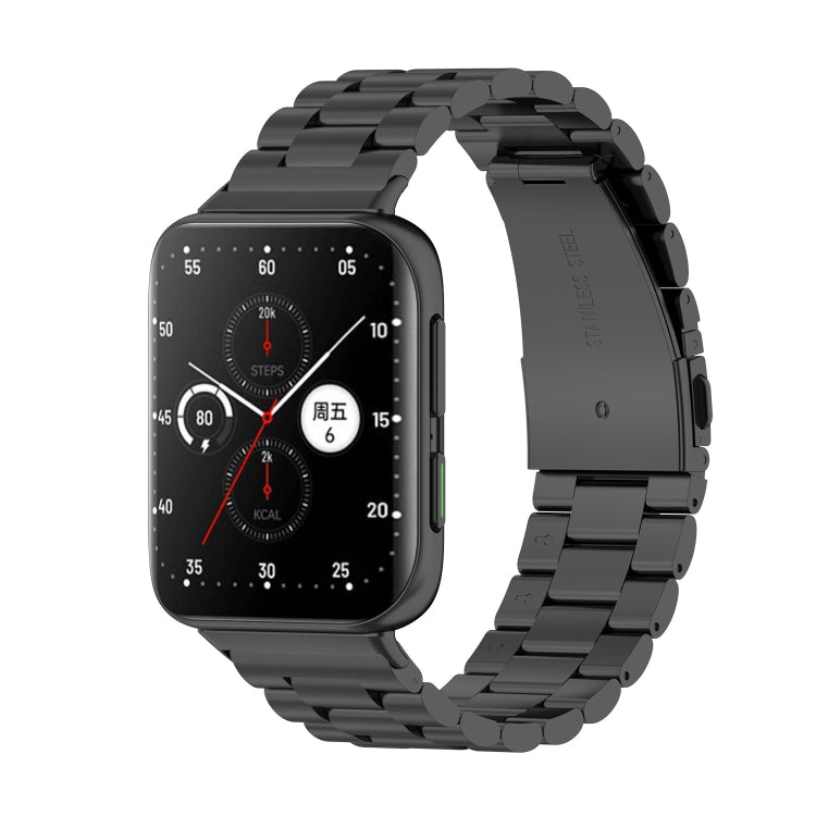 Black three-bead stainless steel watch strap with smartwatch display attached.