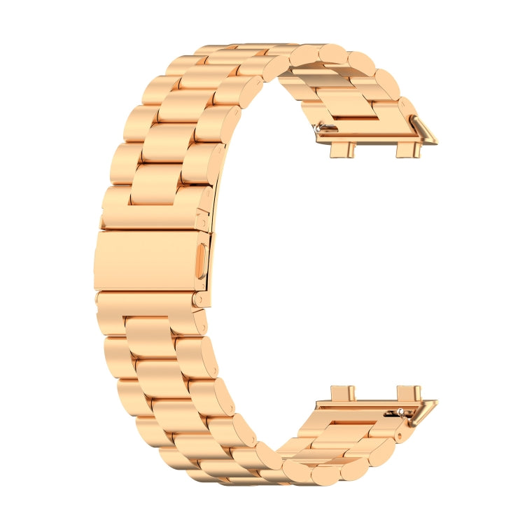 Rose gold three-bead stainless steel watch strap with deployant clasp.
