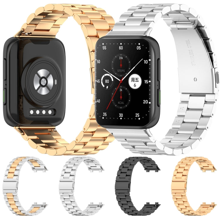 Three-bead stainless steel watchbands set: gold, rose gold, silver, black with folding clasps