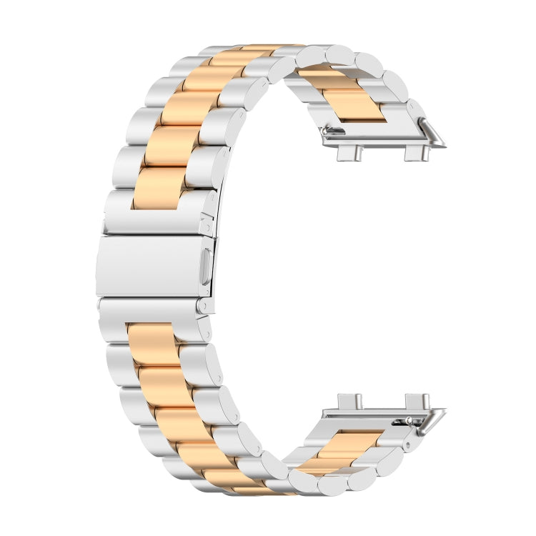 Three-bead stainless steel watchband, rose-gold and silver two-tone with folding clasp