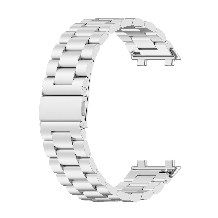 Three-bead stainless steel watchband, silver-tone three-bead links with folding clasp