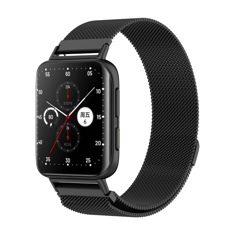 Black Milan metal watch strap with clasp, shown with smartwatch face