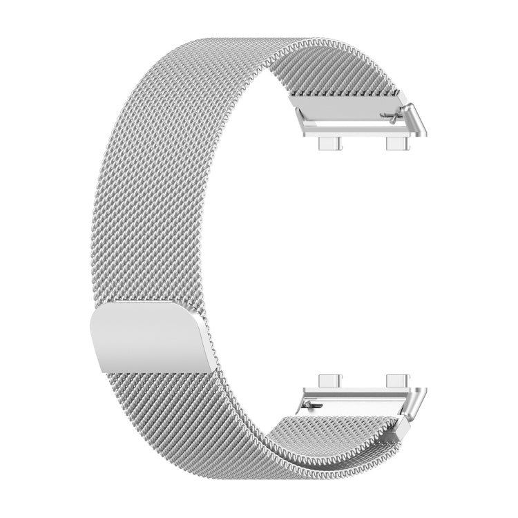 Silver metal mesh smartwatch replacement band with folding clasp hardware