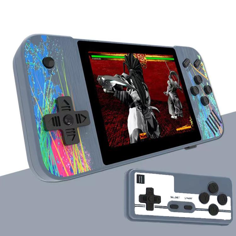 Grey handheld dual-player game console with 3.5-inch screen and dual controller buttons