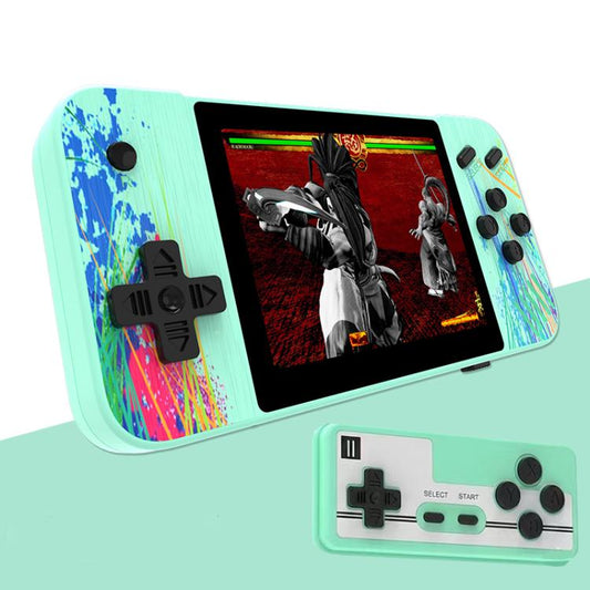 Green handheld dual-player game console with 3.5-inch screen and dual controller buttons