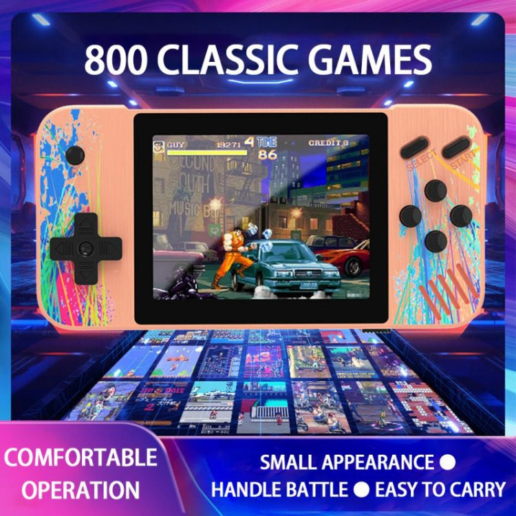 Pink handheld dual-player game console showing classic arcade games on the 3.5-inch screen