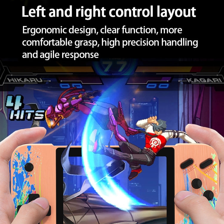 Hands holding pink handheld dual-player game console with screen and left-right controls