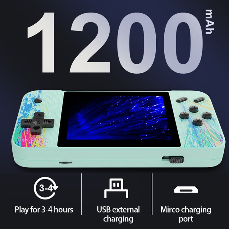 Mint green handheld dual-player game console with 3.5-inch screen and controller buttons