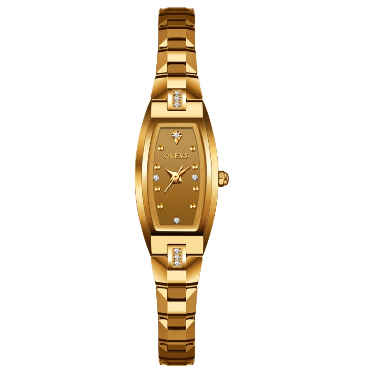 Gold tone women's quartz bracelet watch with diamond bezel and stud markers on dark dial