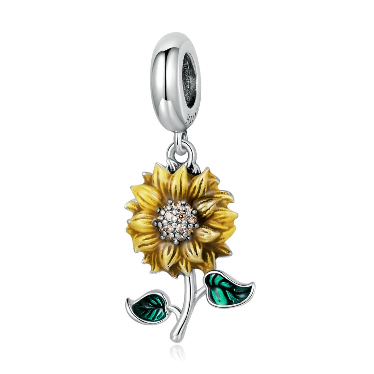 Sunflower charm pendant with silver hoop, yellow flower center and green enamel leaves