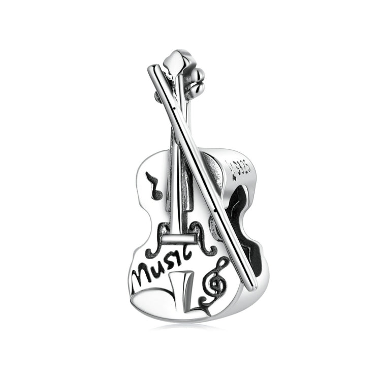 Sterling silver violin charm bead with engraved music notes and bow detail