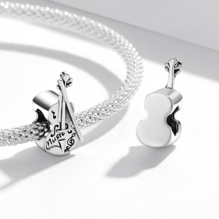 Sterling silver violin charm bead on mesh bracelet chain, side-by-side view