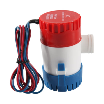 Bilge sump water pump with red top, white body, blue base, side outlet, wiring harness