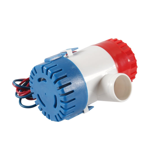 Submersible bilge sump pump with red top, blue intake screen, white body, front outlet