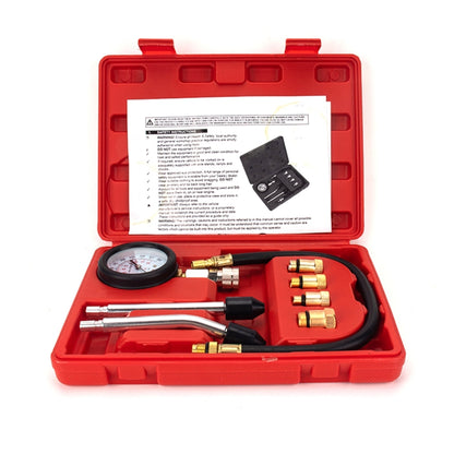 Vehicle cylinder pressure gauge tool kit in red case with accessories and instruction sheet