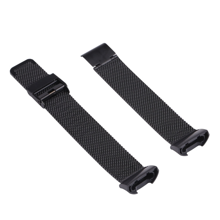 Double buckle Milanese mesh watch strap band, black metal weave with clasp ends