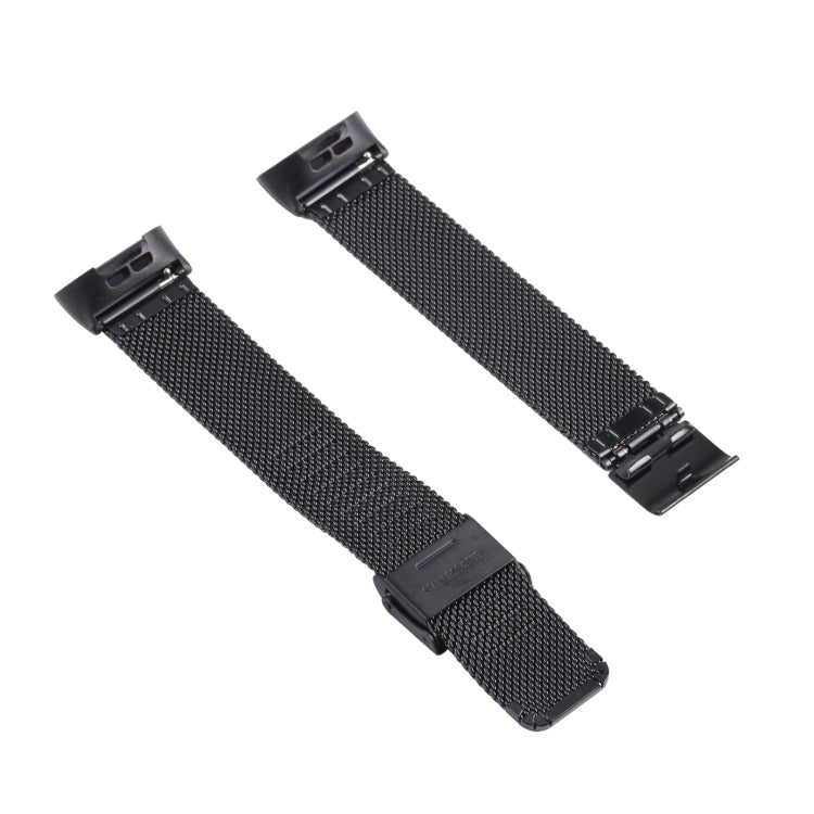 Double buckle Milanese mesh watch strap band, black textured metal with mounting brackets