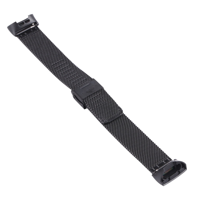 Double buckle Milanese mesh watch strap band, black metal mesh with clasp and pin housing