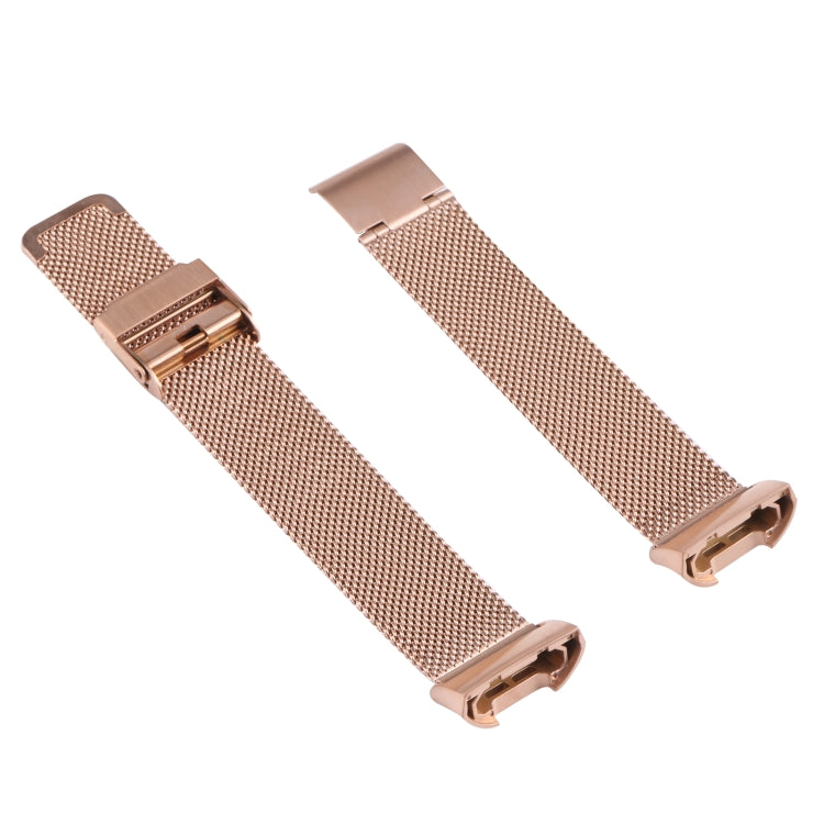 Double buckle Milanese mesh watch strap band, rose-gold tone metal weave with clasp ends
