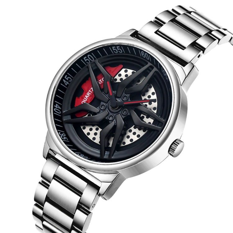 Men's rotating skeleton quartz watch with black dial, silver steel bracelet