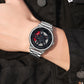 Men's steel bracelet quartz watch with black skeleton dial and red accents