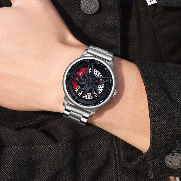 Men's steel bracelet quartz watch with black skeleton dial and red accents